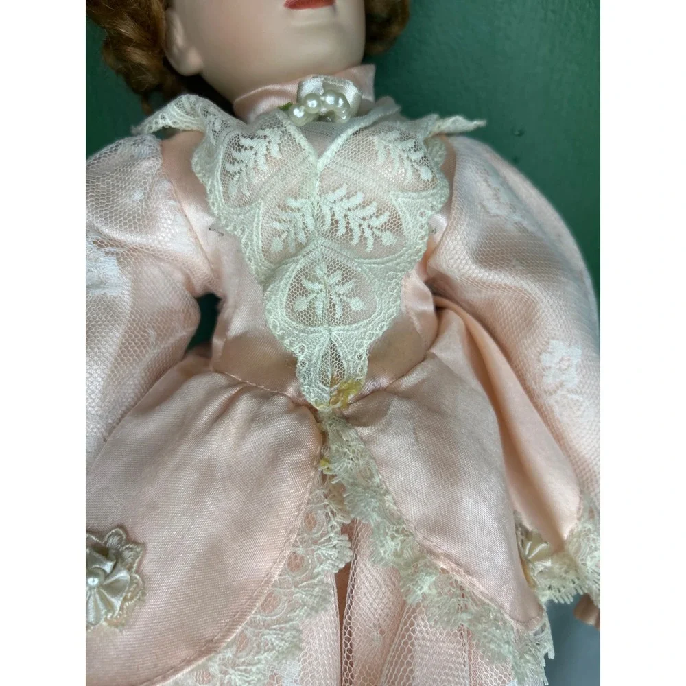 Vintage Porcelain Collector Doll Peach Lace Victorian Dress Auburn Hair Green